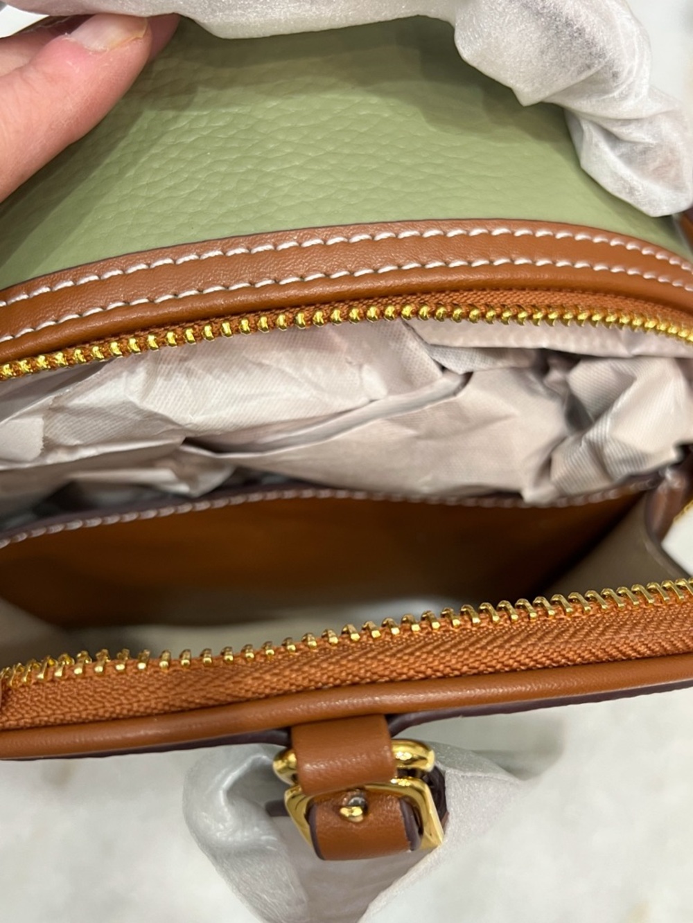 Genuine Pebbled Leather Olive and Tan Round Zippered Crossbody Bag - Picture 6 of 12